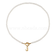 304 Stainless Steel Pendant Necklaces, with Acrylic Imitation Pearl Round Beads and Rhinestone, Cat Shape, White, Golden, 17.83 inch(45.3cm)(NJEW-SZ0001-22)