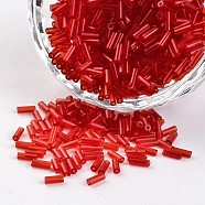 Transparent Colours Round Hole Glass Bugle Beads, Red, 3~5x1.8~2mm, Hole: 0.8mm, about 12000pcs/450g(SEED-I001-5B)
