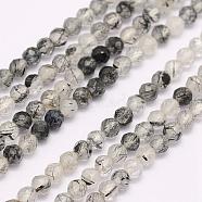 Natural Black Rutilated Quartz Beads Strands, Grade A, Faceted, Round, 4mm, Hole: 0.5mm, about 98pcs/strand, 15.3 inch(39cm)(G-F509-34-4mm)