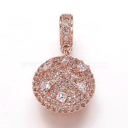 Brass Cubic Zirconia Pendants, Flat Round, Rose Gold, 16x14x8mm, Hole: 1mm(ZIRC-K070-25RG)