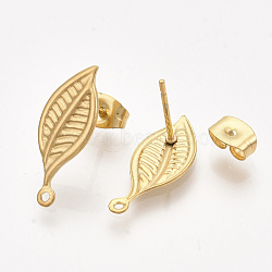 304 Stainless Steel Stud Earring Findings, with Loop and Ear Nuts/Earring Backs, Leaf, Golden, 19x8mm, Hole: 1mm, Pin: 0.7mm(STAS-S079-66A)