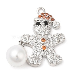 Rack Plating Brass Pave Cubic Zirconia Pendants, with Plastic Pearl, Long-Lasting Plated, Cadmium Free & Lead Free, Gingerbread Man, Platinum, 21.5x20.5x7mm, Hole: 1.2mm(KK-R150-16P)