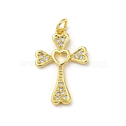 Brass with Cubic Zirconia Pendant, Cross, Real 16K Gold Plated, 24x15.5x2mm(FIND-Z023-08B)