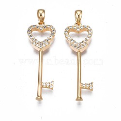 Brass Micro Pave Clear Cubic Zirconia Pendants, Nickel Free, Key, Real 18K Gold Plated, 36.5x10x3mm, Hole: 3x4mm(KK-N232-229)
