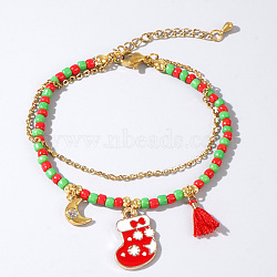 Christmas Glass Multi-Strand Bracelets, Metal Christmas Pendant Bracelets, Christmas Socking, 6-1/2 inch(16.5cm)(LS0515-5)