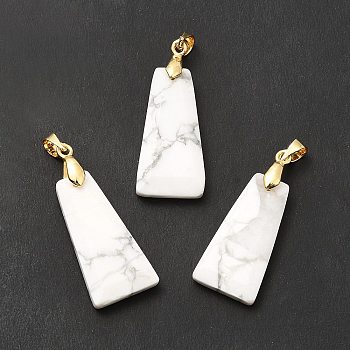 Natural Howlite Pendants, Faceted Trapezoid Charms, with Rack Plating Golden Tone Brass Findings, Cadmium Free & Lead Free, 25~26x12.5~13x3.5~4mm, Hole: 5x4mm