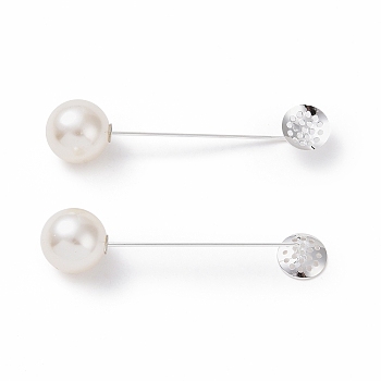 Brass Lapel Pin Base Settings, with Sieve Tray and Plastic Imitation Pearl Beads, Silver, 69mm, Tray: 12mm