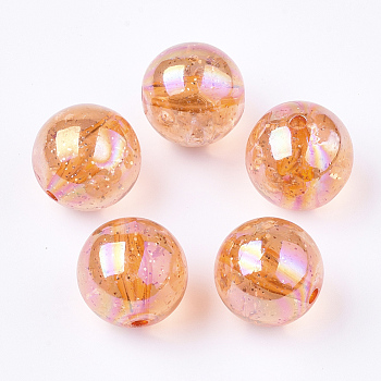 Transparent Acrylic Beads, with Glitter Powder, Glitter Beads, Round, Coral, 19~19.5x19mm, Hole: 2.5mm, about 110pcs/500g