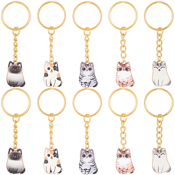 10Pcs 5 Styles Cat Alloy Enamel Keychain, with Iron Findings, Golden, 7cm, 2pcs/style