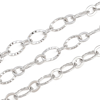 304 Stainless Steel Textured Oval Link Chains, Soldered, with Spool, Stainless Steel Color, 7.5x5x0.8mm