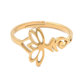 Ion Plating(IP) 304 Stainless Steel Hollow Lotus Adjustable Ring for Women, Real 18K Gold Plated, Inner Diameter: 16.6mm