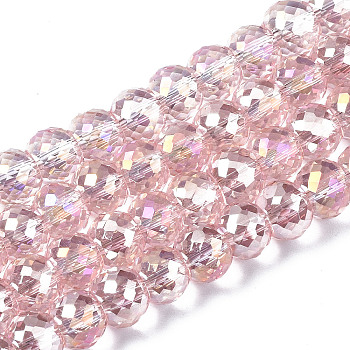 Electroplate Transparent Glass Beads Strands, AB Color Plated, Faceted, Round, Pink, 8x6mm, Hole: 1.2mm, about 79pcs/strand, 19.29 inch(49cm)