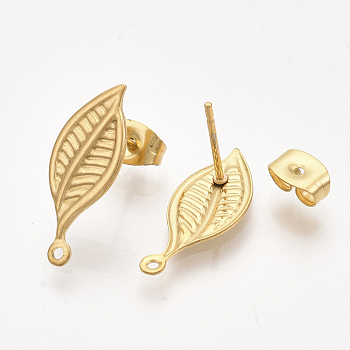 304 Stainless Steel Stud Earring Findings, with Loop and Ear Nuts/Earring Backs, Leaf, Golden, 19x8mm, Hole: 1mm, Pin: 0.7mm