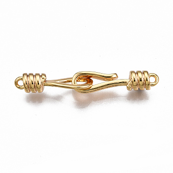 Brass Hook and S-Hook Clasps, Nickel Free, Real 18K Gold Plated, 32mm long, Clasps: 18x4.5x4mm, Hole: 1mm, Pendants: 16x6x4mm, Hole: 1.2mm