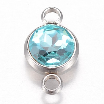 Glass Links connectors, Faceted, with 304 Stainless Steel Findings, Flat Round, Stainless Steel Color, Aquamarine, 17.5x10x6.5mm, Hole: 2.5mm