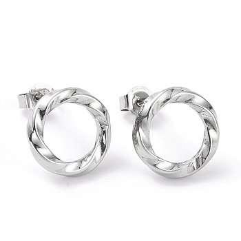 304 Stainless Steel Wave Ring Stud Earrings for Women, Stainless Steel Color, 13mm, Pin: 0.8mm