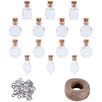 Glass Jar Glass Bottles, with Iron Screw Eye Pin Bail Peg and Jute Twine, Mixed Color, 24.5~29x14.5~20mm, Capacity: 1ml/2ml/2.5ml