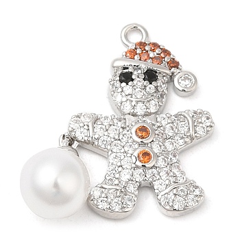 Rack Plating Brass Pave Cubic Zirconia Pendants, with Plastic Pearl, Long-Lasting Plated, Cadmium Free & Lead Free, Gingerbread Man, Platinum, 21.5x20.5x7mm, Hole: 1.2mm