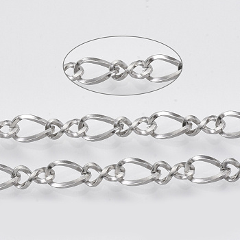 304 Stainless Steel Figaro Chains, Figure 8 Chain, with Spool, Unwelded, Stainless Steel Color, Link 1: 7x4x0.8mm, Link 2:  7x3.8x0.8mm, about 65.61 Feet(20m)/roll