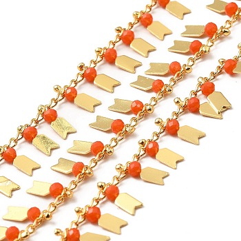 Glass Beaded Arrow Charm Chains, with Real 18K Gold Plated Brass Rope Chains, Soldered, with Spool, Tomato, 1.5mm