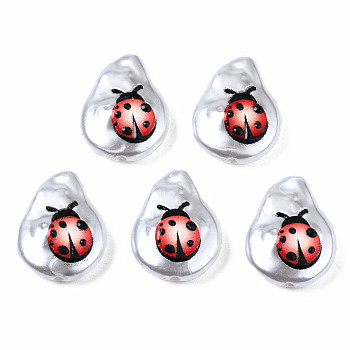 3D Printed ABS Plastic Imitation Pearl Beads, Teardrop with Ladybug, Light Coral, 20x15x6mm, Hole: 1.4mm