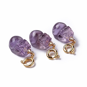 Natural Amethyst Pi Yao Spring Ring Clasp Charms, Rack Plating Brass Spring Ring Clasps, Golden, 23mm, Pi Yao: 16x9x8.5mm