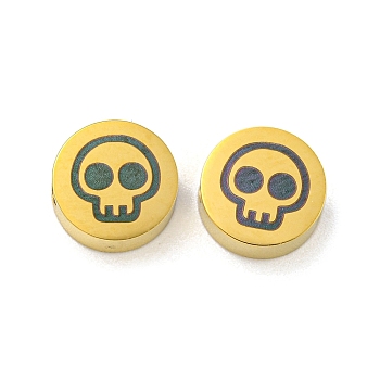 Halloween Theme 304 Stainless Steel Beads, Real 18K Gold Plated, Flat Round, Skull, 8x3mm, Hole: 2mm