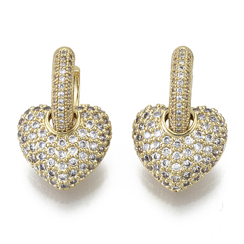 Brass Micro Pave Cubic Zirconia Dangle Huggie Hoop Earrings, Nickel Free, Heart, Real 16K Gold Plated, Clear, 21mm, Pin: 1mm