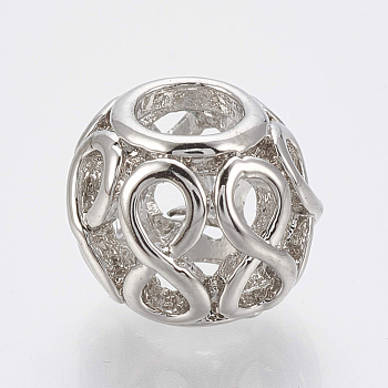 Brass European Beads, Large Hole Beads, Rondelle with  Infinity, Hollow, Platinum, 9.5x11x10.5mm, Hole: 4.5mm
