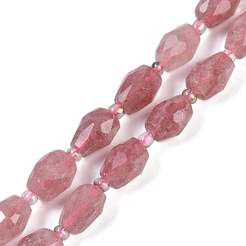 Natural Strawberry Quartz Beads Strands, with Seed Beads, Faceted, Barrel, 13~14x10mm, Hole: 1mm, about 23~24pcs/strand, 16.10''(40.9cm)