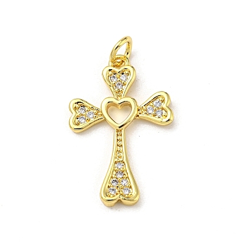 Brass with Cubic Zirconia Pendant, Cross, Real 16K Gold Plated, 24x15.5x2mm