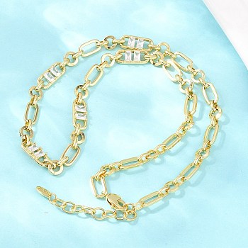 7MM Brass Pave Cubic Zirconia Figaro Chain Necklaces, Cadmium Free & Lead Free, Rack Plating, Long-Lasting Plated, Real 18K Gold Plated, Clear, 18.11 inch(46cm)