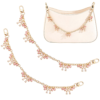 2Pcs Alloy Enamel Pink Bowknot Charm Cable Chain Purse Decorative Chains, with Swivel Clasps, Bag Replacement Accessories, Golden, 360mm