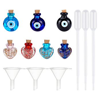 Handmade Luminous Lampwork  Perfume Bottle Pendants, Essential Oil Bottle, with Disposable Plastic Transfer Pipettes and Plastic Funnel Hopper, Mixed Color, 13pcs/set