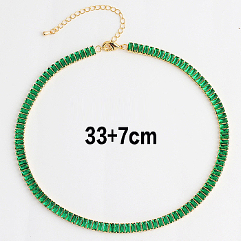 Cubic Zirconia Classic Tennis Necklace, Golden Brass Rectangle Link Chain Necklaces, Green, 12.99 inch(33cm)