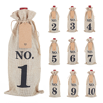 Flax Drawstring Bags, with Kraft Paper Hanging Tags & Hemp Ropes, for Wine Storage, Number Pattern, Tan, 36x16x0.2cm, Paper Tags: 95x45x0.5mm, Hole: 2.5mm, Hemp Ropes: 45x0.1cm, 10pcs