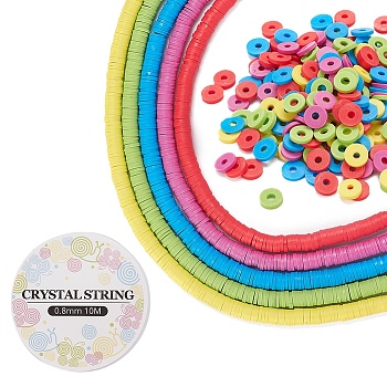 DIY Bracelet Making Kits, with Disc Eco-Friendly Handmade Polymer Clay Beads Strands and Elastic Crystal Thread, Mixed Color, 6x1mm, Hole: 2mm, about 380~400pcs/strand, 17.7 inch, 5 colors, 1 strand/color, 5 Strands