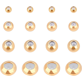 Brass Beads, with Rubber Inside, Slider Beads, Stopper Beads, Nickel Free, Round, Real 18K Gold Plated, 3~8x2.5~4mm, Hole: 1.5~4mm, Rubber Hole: 0.5~1.8mm, 40pcs/box
