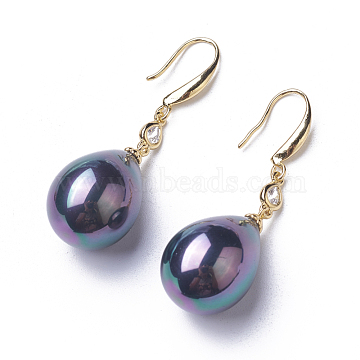 Synthetic Shell Pearl Dangle Earrings, with Cubic Zirconia and Brass Findings, Teardrop, PrussianBlue, 49mm, Pin: 0.8mm(EJEW-P179-02G-02)