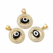 Rack Plating Real 18K Gold Plated Brass Micro Pave Clear Cubic Zirconia Pendants, with Handmade Lampwork, Cadmium Free & Lead Free, Long-Lasting, Flat Round with Evil Eye, Black, 20x17.5x3.5mm, Hole: 5.5x4mm(ZIRC-L102-07G-01)