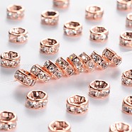 Brass Rhinestone Spacer Beads, Grade AAA, Straight Flange, Nickel Free, Rose Gold Metal Color, Rondelle, Crystal, 5x2.5mm(RB-A014-Z5mm-01RG-NF)
