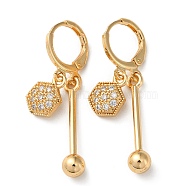 Rhinestone Hexagon Leverback Earrings, Brass Bar Drop Earrings for Women, Light Gold, 37mm(EJEW-K256-37KCG)