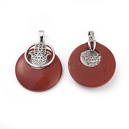 Natural Red Jasper Pendants, with Platinum Tone Brass Findings, Flat Round with Hamsa Hand/Hand of Fatima/Hand of Miriam, 32~32.5x28x7~7.5mm, Hole: 5x8mm(KK-F751-K-A05)