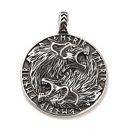 304 Stainless Steel Pendants, Flat Round with Viking Symbol and Wolf, Antique Silver, 45.5x35.5x4mm, Hole: 6.5x4.5mm(STAS-M334-11AS)