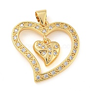 Rack Plating Brass Micro Pave Cubic Zirconia Pendants, Cadmium Free & Lead Free, Long-Lasting Plated, Heart, Real 18K Gold Plated, 21.5x22x2mm, Hole: 4x3.5mm(KK-C044-18G)