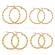 DICOSMETIC 4 Pairs 4 Style PVD Vacuum Plating 201 Stainless Steel Twist Rope Hoop Earrings with 304 Stainless Steel Pins for Women, Golden, 25~30.5x2~3mm, Pin: 0.6mm, 1 Pair/style(EJEW-DC0001-23)