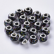 Handmade Lampwork European Beads, Large Hole Beads, with Silver Color Plated Brass Double Cores, Inner Flower Lampwork, Rondelle, Black, 14x11mm, Hole: 5mm(LAMP-S193-009L)