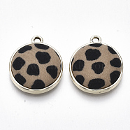 Alloy Pendants, with Cloth, Flat Round, Light Gold, Camel, 23x19x5.5mm, Hole: 2mm(PALLOY-S122-23B)