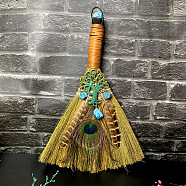 Straw Witch Altar Broom Display Decoration with Raw Natural Apatite Chips, Tree of Life Peacock Feathers for Altar Ornaments, 320x190mm(WG15595-12)