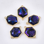 Electroplate Synthetic Druzy Agate Links connectors, with Brass Findings, Heptagon, Golden, Mauve, 27x18x7~8mm, Hole: 1.6mm(G-T121-22L)
